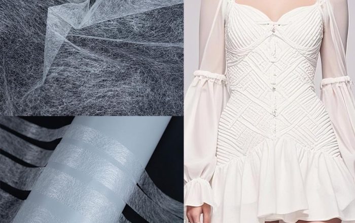 Double sided interfacing bonds two fabrics together and is commonly used as hot melt adhesive web in garment production.